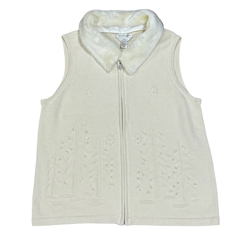 Christopher & Banks Hand Embroidered Christmas Tree Sweater Vest Faux Fur XL
